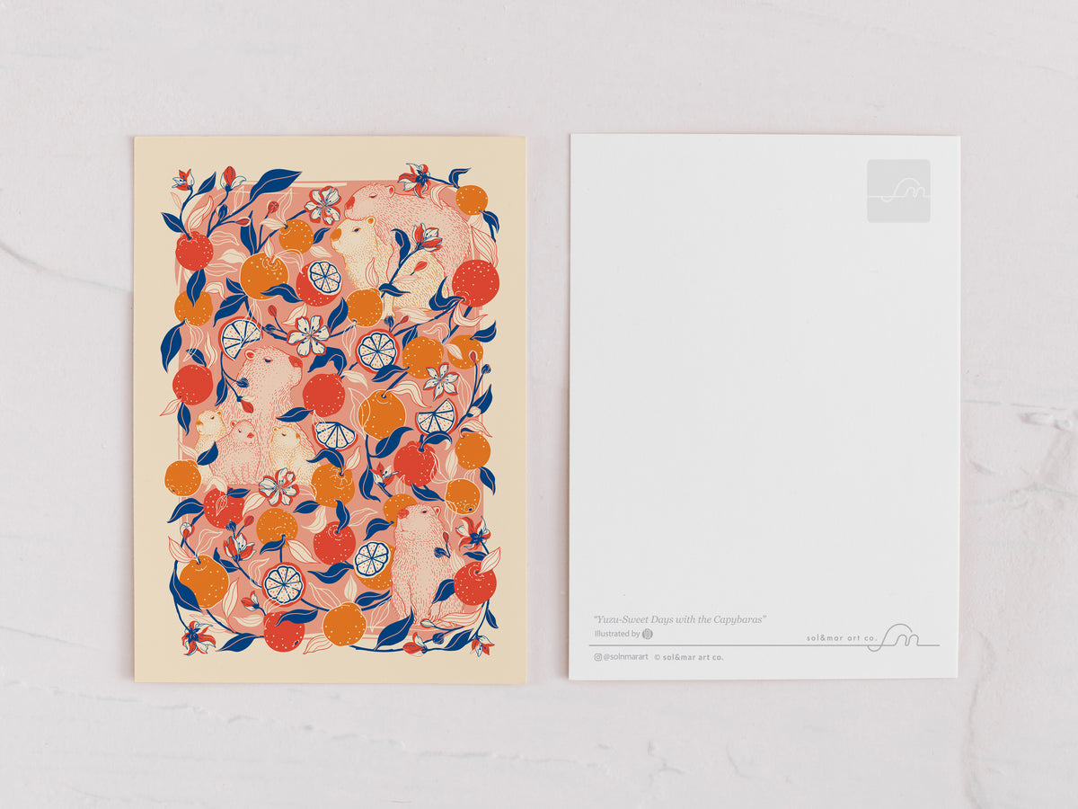 Decorative card with capybara & yuzu orange pattern on a white background