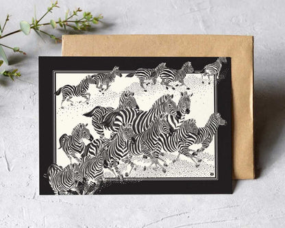 Herd of zebras running across a textured background, showcasing stunning black and white art, perfect for decor.