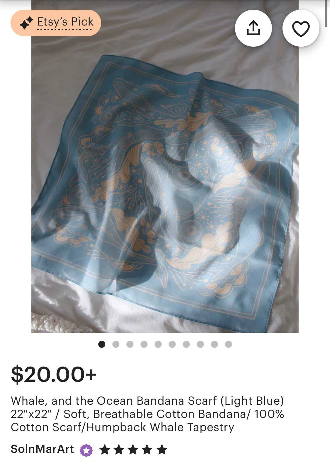 Light blue whale and ocean bandana scarf, 100% cotton, soft and breathable, perfect as a hair accessory or tapestry.