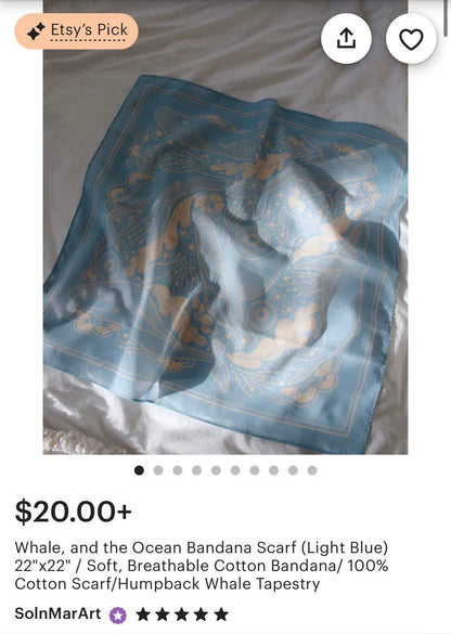 Light blue whale and ocean bandana scarf, 100% cotton, soft and breathable, perfect as a hair accessory or tapestry.