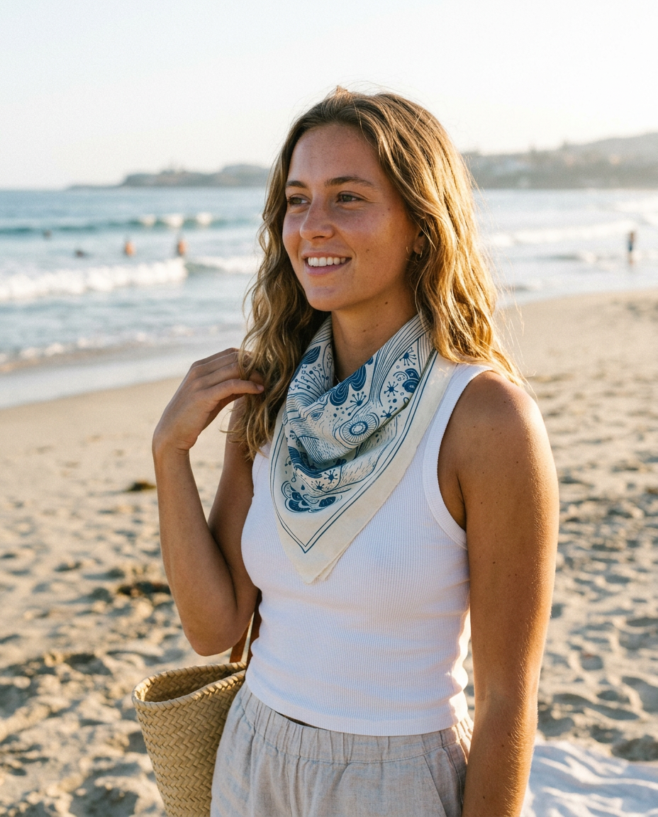 Whale, and the Ocean Bandana Scarf (Off-White)