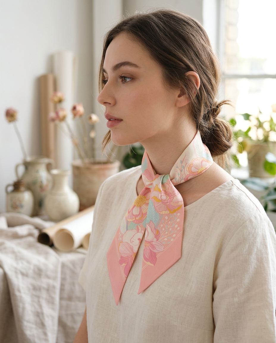 Floral Bunny Art Silk Twilly