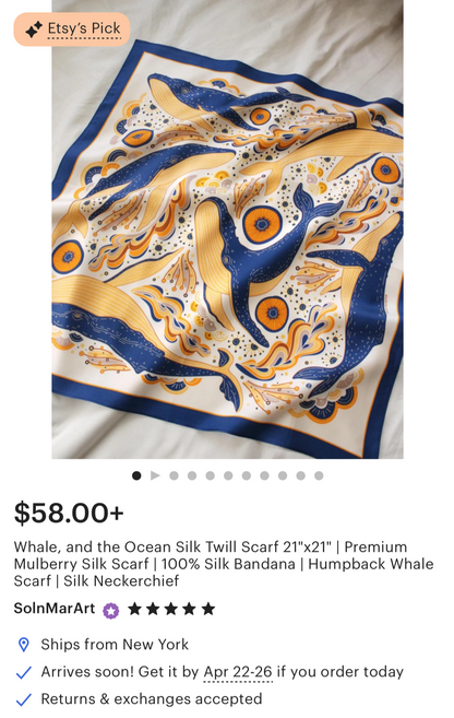 Whale and the Ocean Silk Twill Scarf 21x21 featuring illustrated humpback whale and ocean waves in vibrant colors.