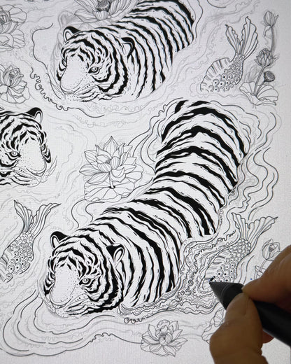 Hand-drawn illustration of tigers and lotus flowers on a white background