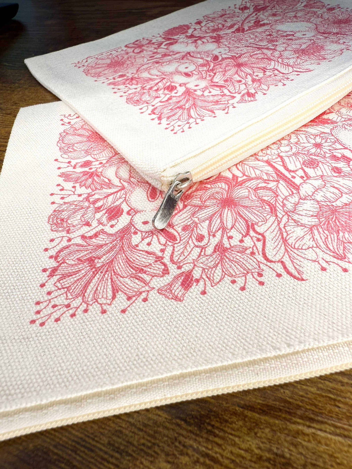 Floral Bunny canvas zipper pouch featuring intricate pink floral design on cotton fabric, perfect for cosmetics or stationery.