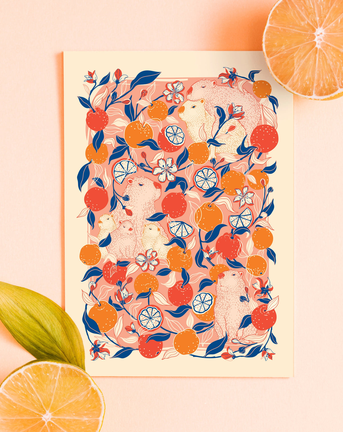 capybara with a yuzu  orange pattern on a pink background with lemon slices