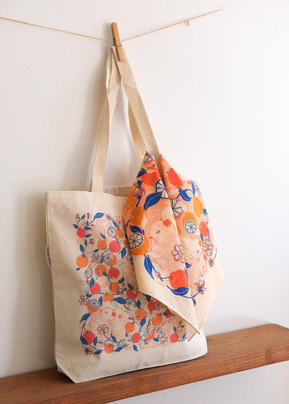 Capybara Yuzu Art Tote Bag + Bandana Gift Set (Pink-Orange)