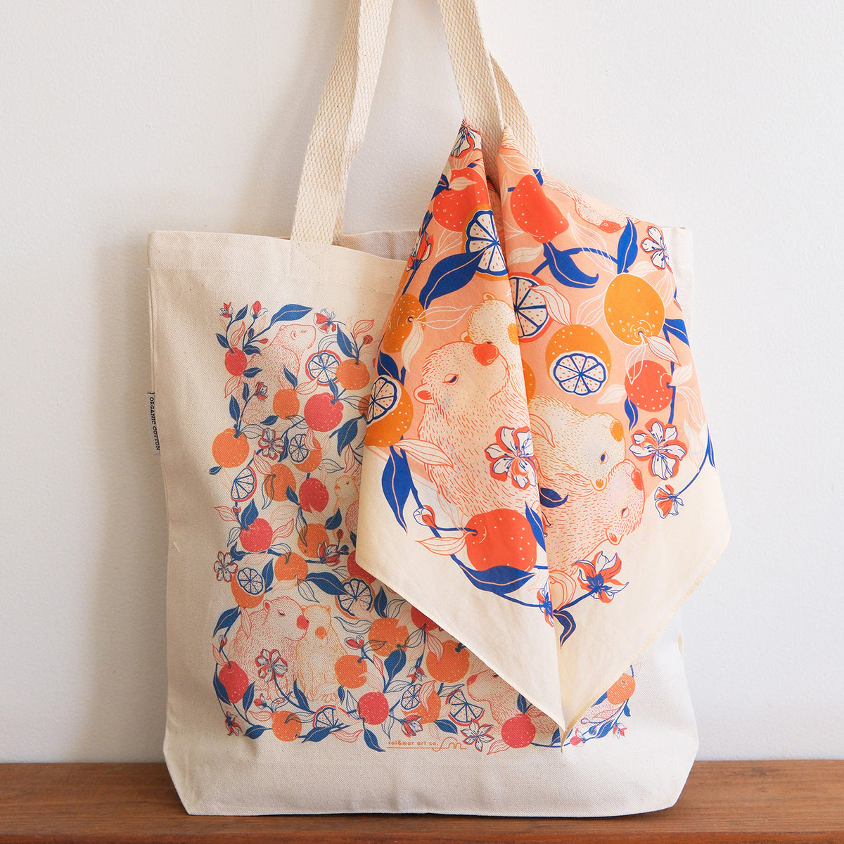 Capybara Yuzu Art Tote Bag + Bandana Gift Set (Pink-Orange)