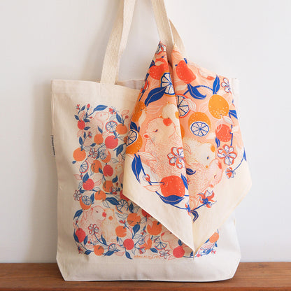 Capybara Yuzu Art Tote Bag + Bandana Gift Set (Pink-Orange)