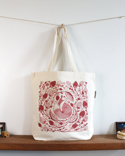 Fox&Berry Canvas Tote Bag featuring illustrated red fox design surrounded by berries on organic cotton canvas.