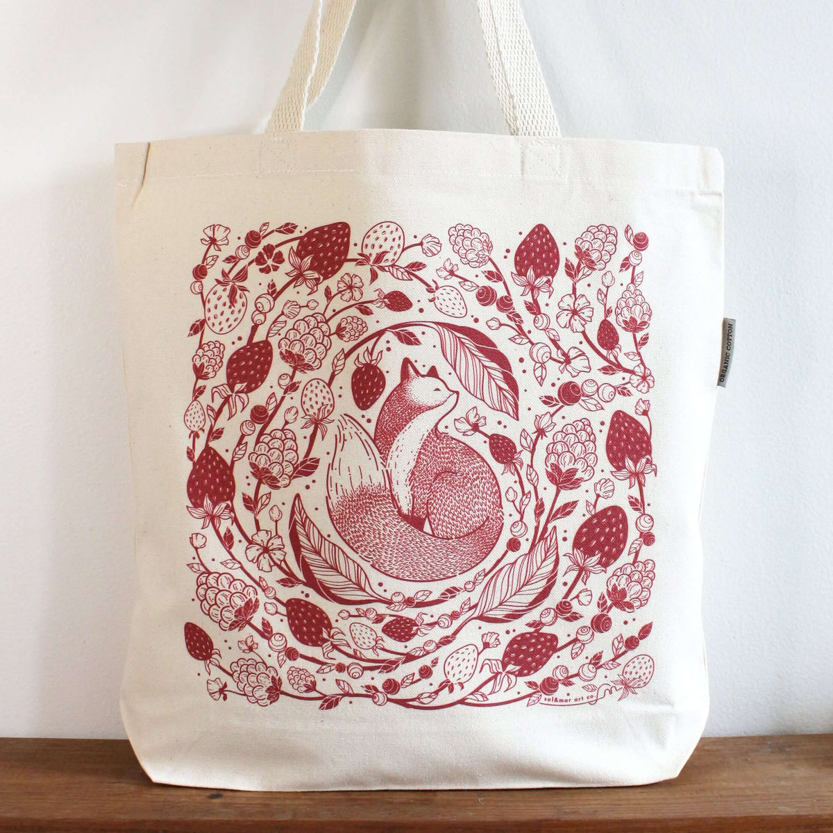 Fox&Berry Canvas Tote Bag featuring an illustrated red fox surrounded by berries on organic cotton.