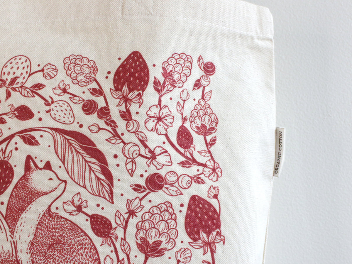Fox&Berry Canvas Tote Bag featuring a red fox illustration and berry art on organic cotton fabric.