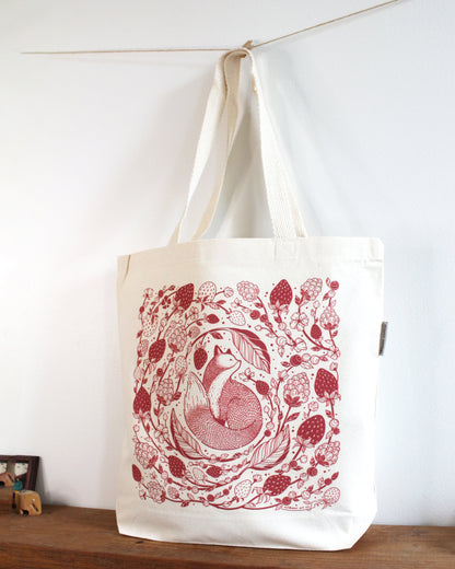 Fox&Berry Canvas Tote Bag featuring a red fox illustration surrounded by berries, perfect for everyday use.
