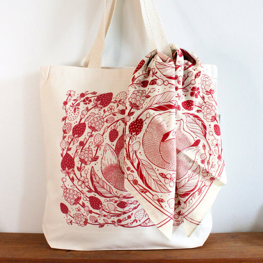 Fox&Berry Tote Bag + Bandana Gift Set (Off-White)