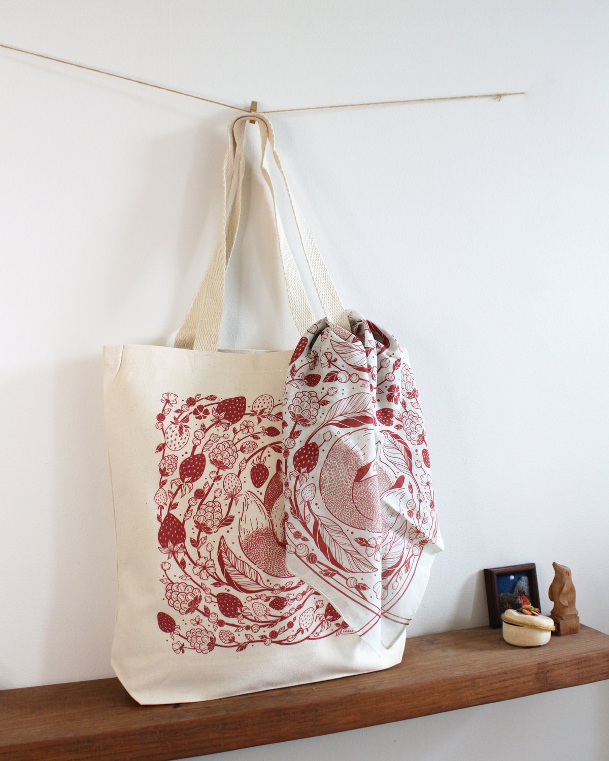 Fox&Berry Canvas Tote Bag featuring a Red fox and berry design, paired with a matching scarf, ideal for everyday use.