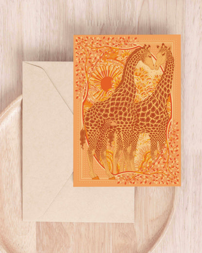 Giraffe art print featuring two giraffes in warm colors with sun and foliage design, perfect for wildlife lovers.