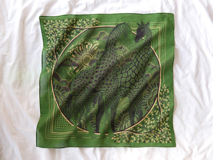 Olive green bandana scarf featuring a Giraffe family in Savanna Grassland art, lightweight and breathable.
