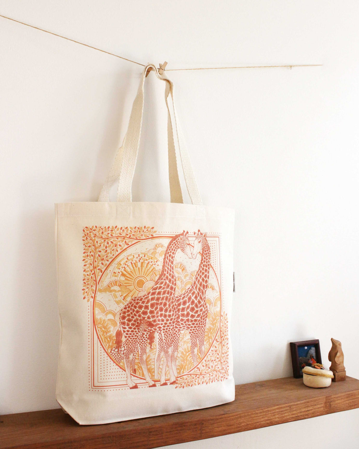Giraffe art on organic cotton canvas tote bag, perfect for daily use and eco-friendly shopping.