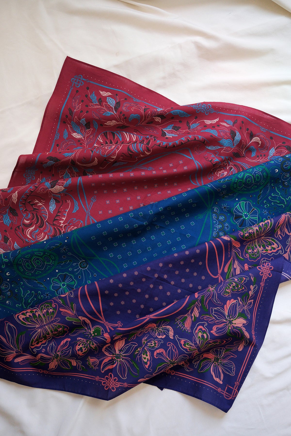 Bold Tones — Tiger, Butterfly & Turtle Bandana Set of 3 — Korean Knot Art Collection