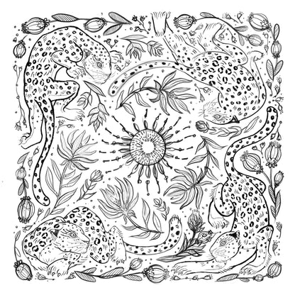 Leopard and Sun line art design on canvas tote bag, featuring organic cotton material and beautiful floral accents.