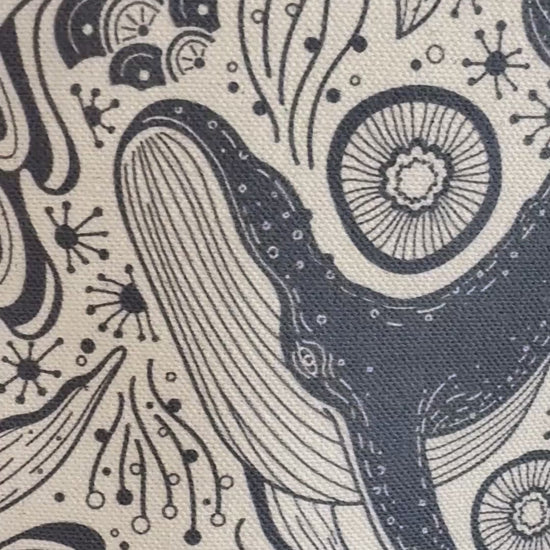 Illustrated Humpback whale and ocean patterns on organic canvas tote bag