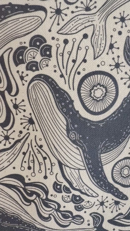 Illustrated Humpback whale and ocean patterns on organic canvas tote bag