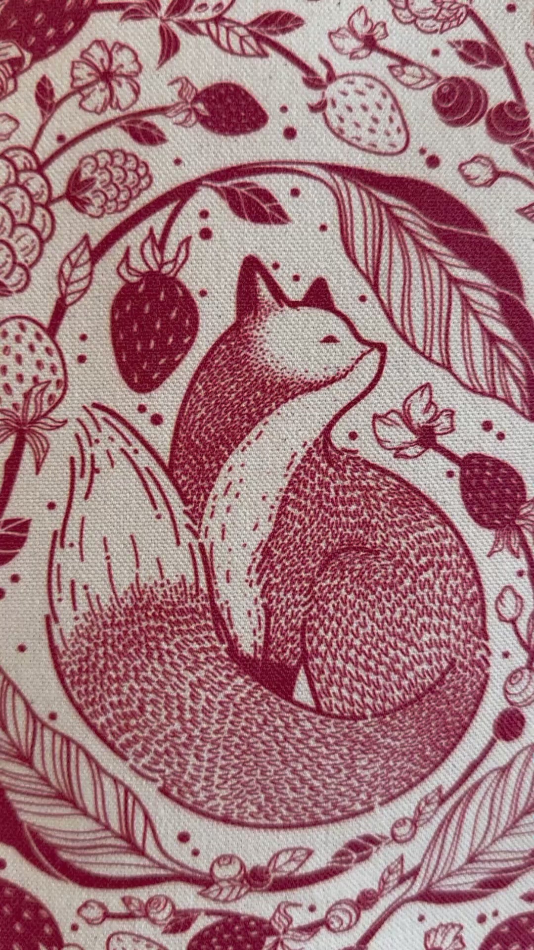 Illustration of a red fox surrounded by various berries on canvas.
