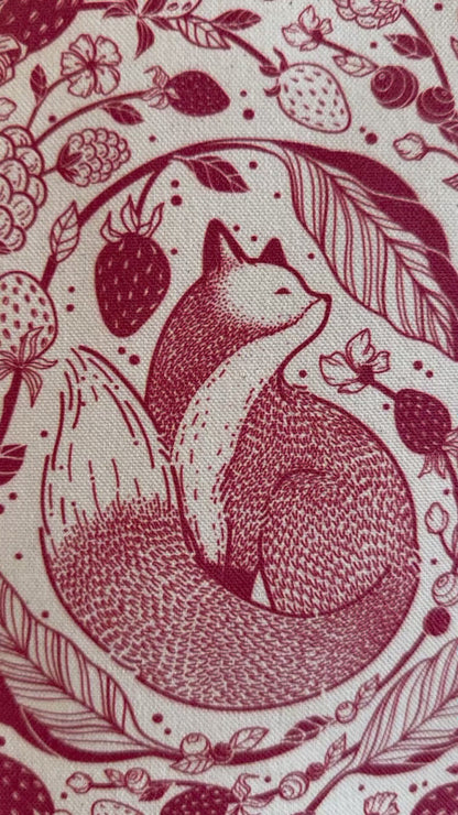 Illustration of a red fox surrounded by various berries on canvas.