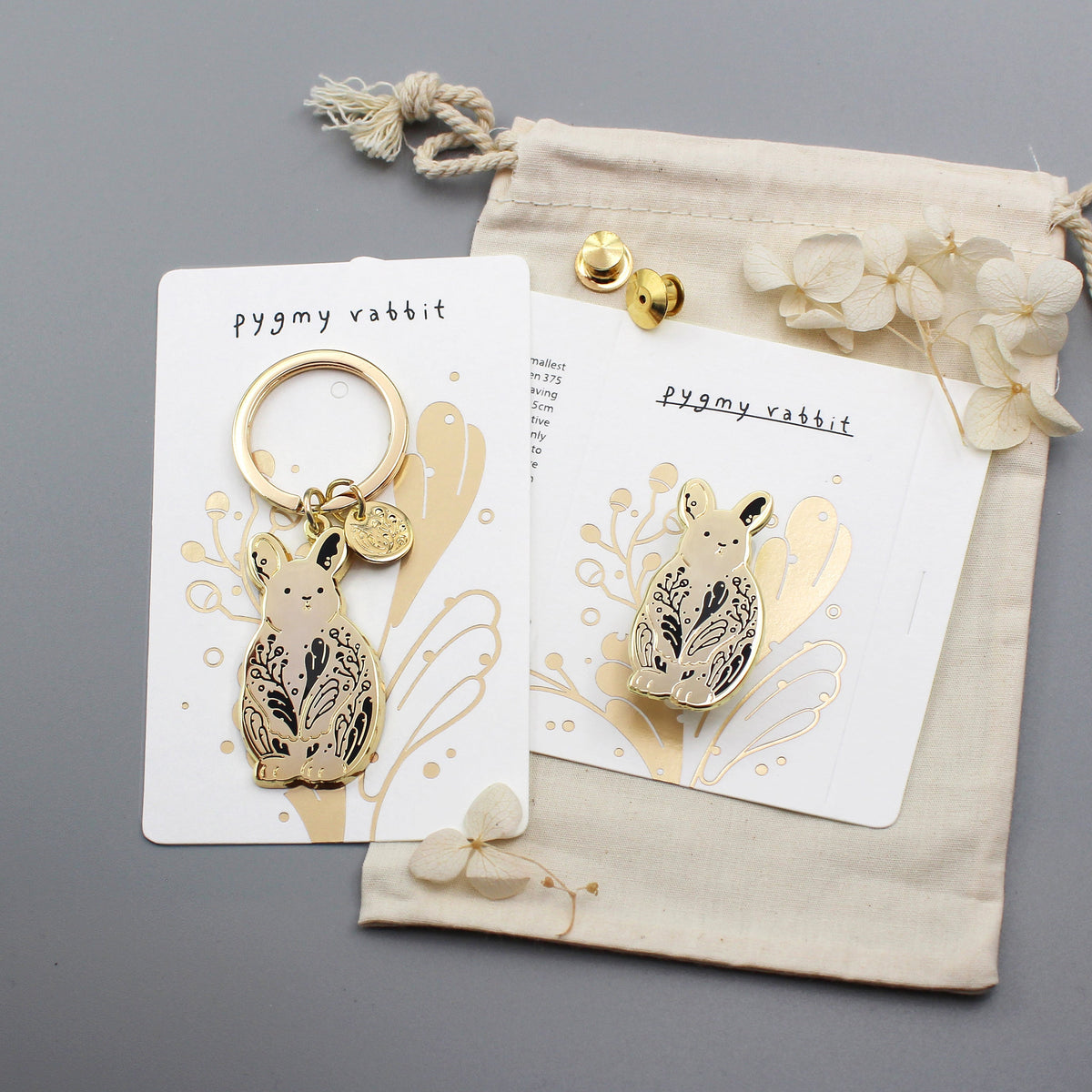 Rabbit Enamel Keychain + Pin Set (Pygmy Rabbit) Keyring+Pin+Deluxe Clutch Keychains