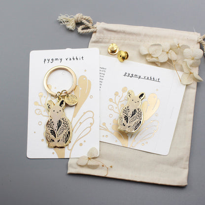 Rabbit Enamel Keychain + Pin Set (Pygmy Rabbit) Keyring+Pin+Deluxe Clutch Keychains