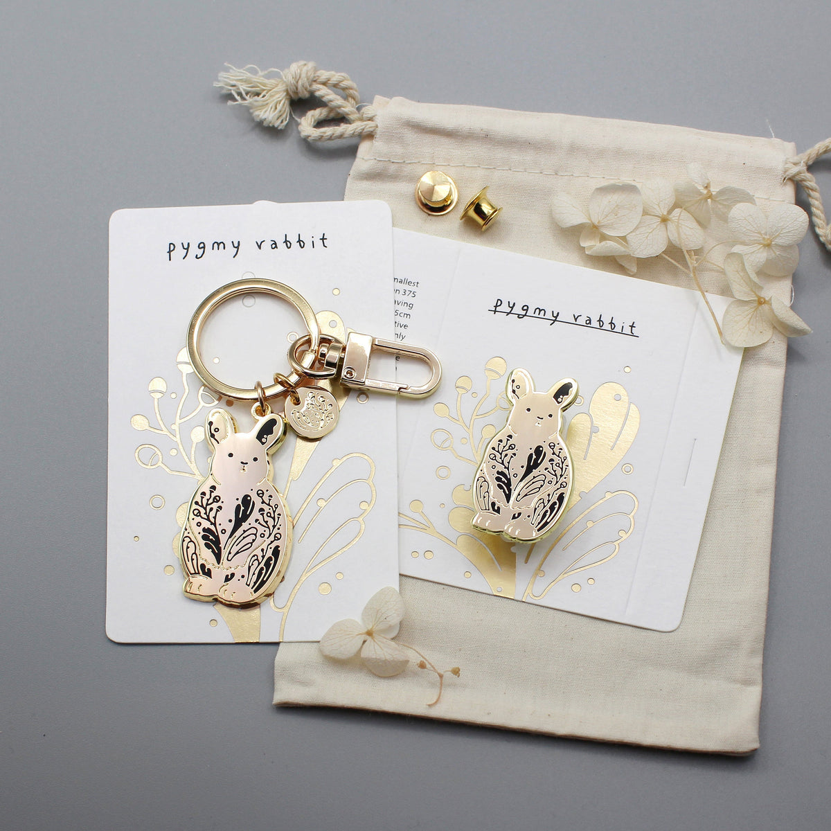 Rabbit Enamel Keychain + Pin Set (Pygmy Rabbit) Keyring+Pin+Deluxe Clutch+Clasp Keychains