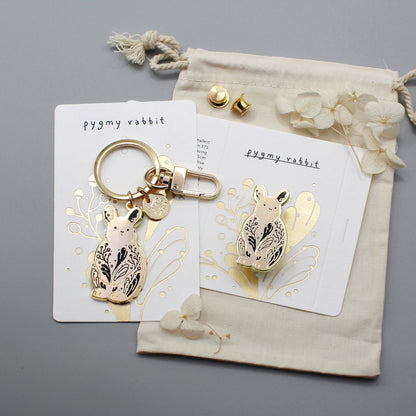 Rabbit Enamel Keychain + Pin Set (Pygmy Rabbit) Keyring+Pin+Deluxe Clutch+Clasp Keychains
