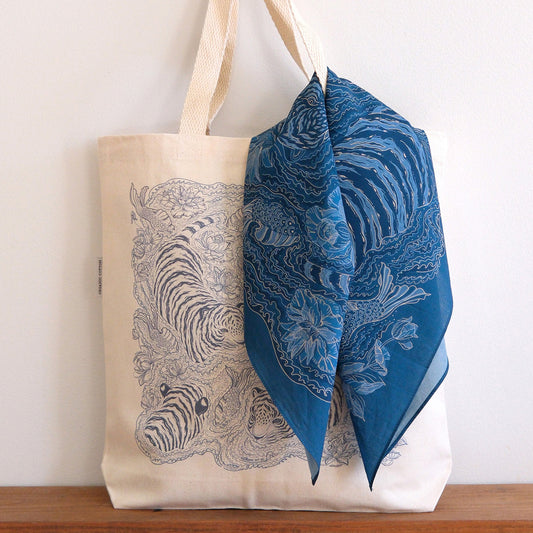 Tiger Art Tote Bag + Bandana Gift Set (Indigo)