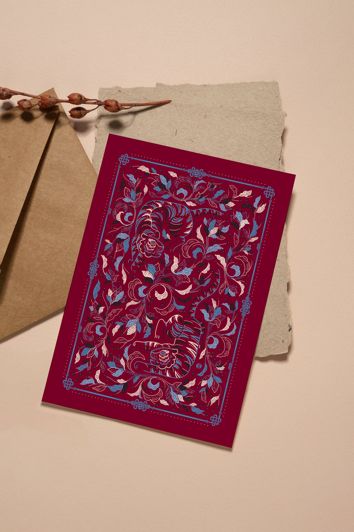 Guardian Tiger Art Print Postcard (Burgundy)