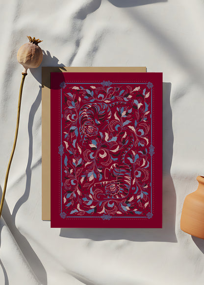 Guardian Tiger Art Print Postcard (Burgundy)
