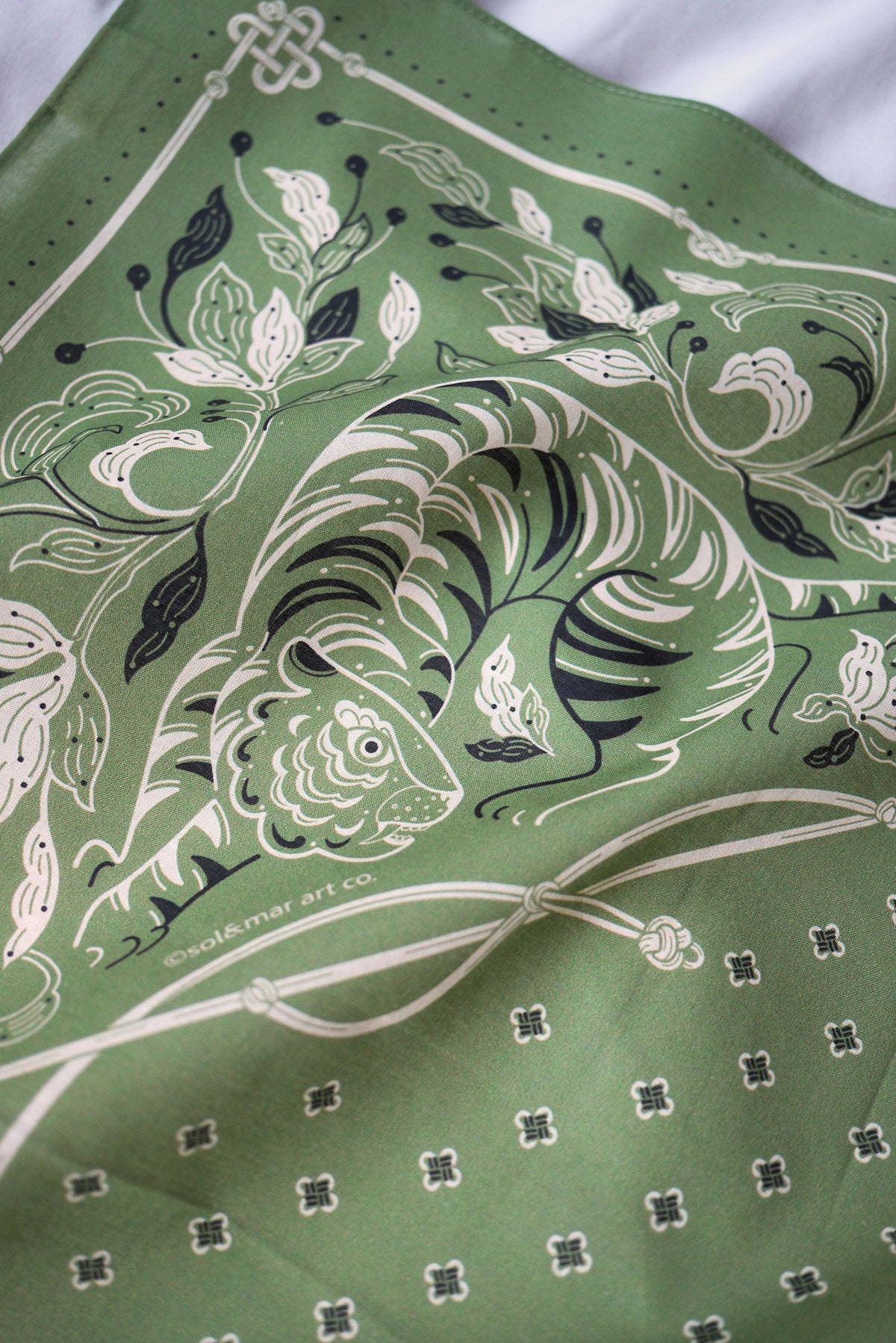 Guardian Tiger Bandana (Olive Sage) — Korean Knot Art Collection