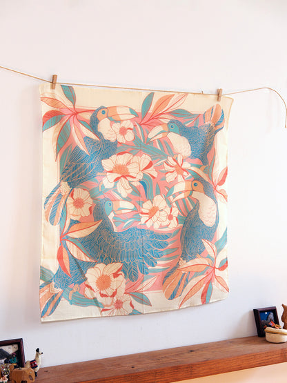 Toucan in Floral Jungle Bandana Scarf, pink floral design featuring toucans, perfect for accessories or decor.