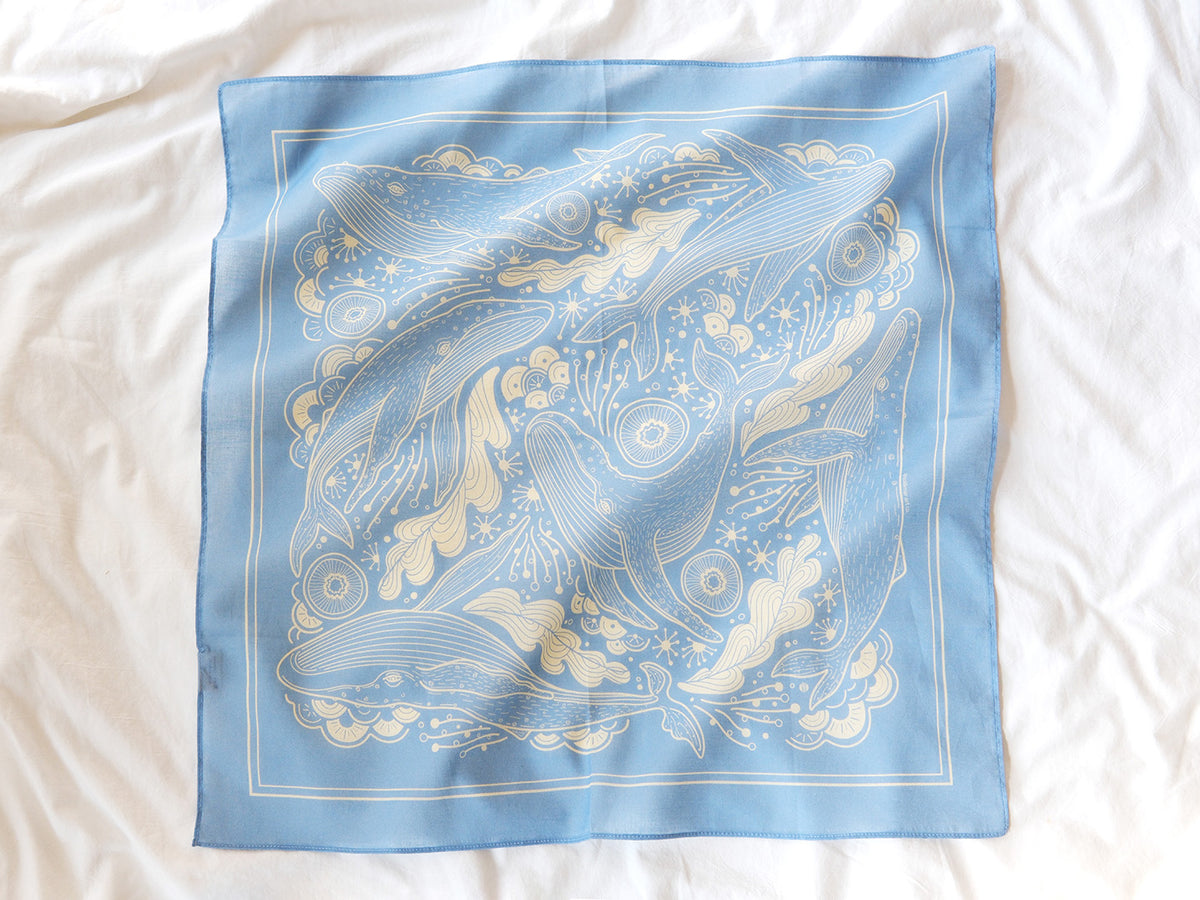 Light blue bandana scarf featuring Humpback whale and ocean art, perfect for hair accessories, pets, or bags.