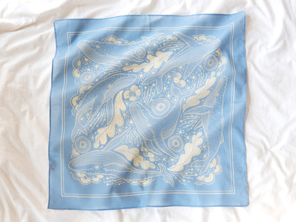 Light blue bandana scarf featuring Humpback whale and ocean art, perfect for hair accessories, pets, or bags.