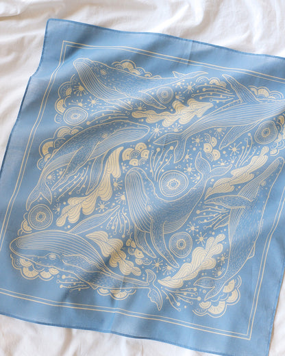 Light blue whale and ocean art bandana scarf, soft cotton accessory for hair, bags, and pets.