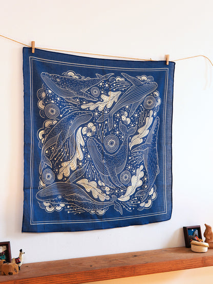 Navy bandana scarf featuring humpback whales and ocean art, perfect for accessories and decor.