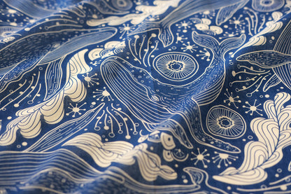 Navy bandana scarf with whale and ocean art design, perfect for accessories and summer wear.