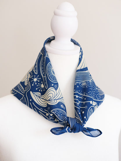 Whale and Ocean Bandana Scarf in navy blue, featuring artistic marine designs, perfect as hair accessory or pet scarf.