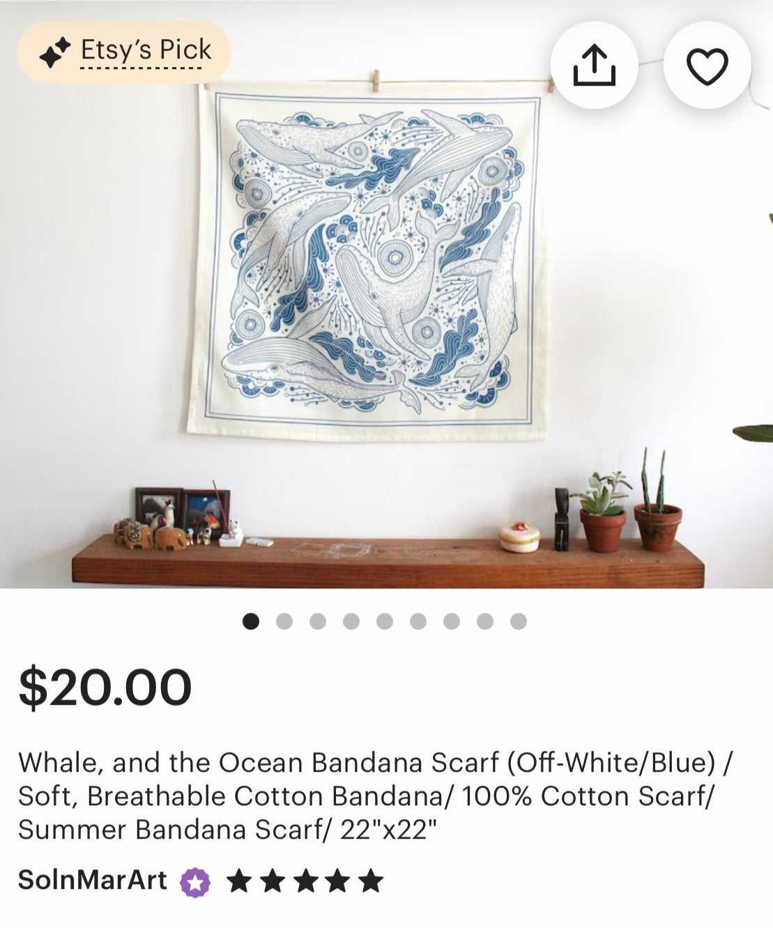 Whale and the Ocean Bandana Scarf in off-white and blue, 100% cotton, perfect for summer accessories.