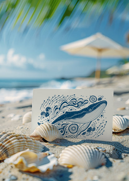 Whale, and the Ocean Art Print Postcard (Blue)