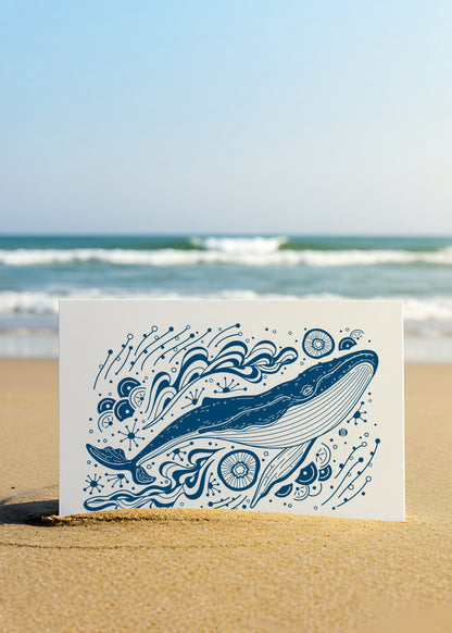Whale, and the Ocean Art Print Postcard (Blue)