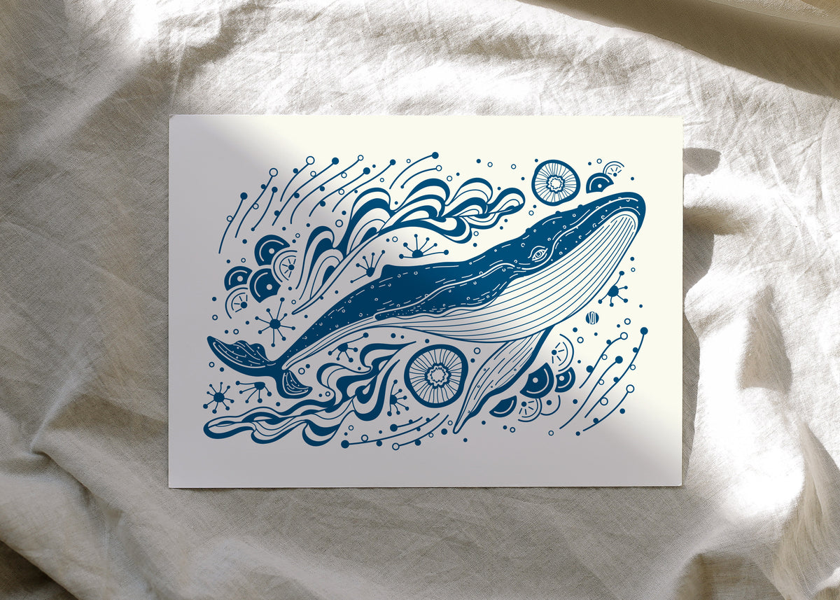 Whale, and the Ocean Art Print Postcard (Blue)