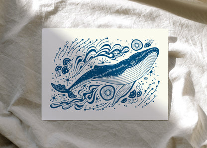 Whale, and the Ocean Art Print Postcard (Blue)