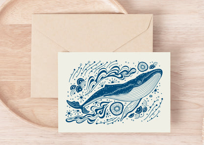 Whale, and the Ocean Art Print Postcard (Blue)