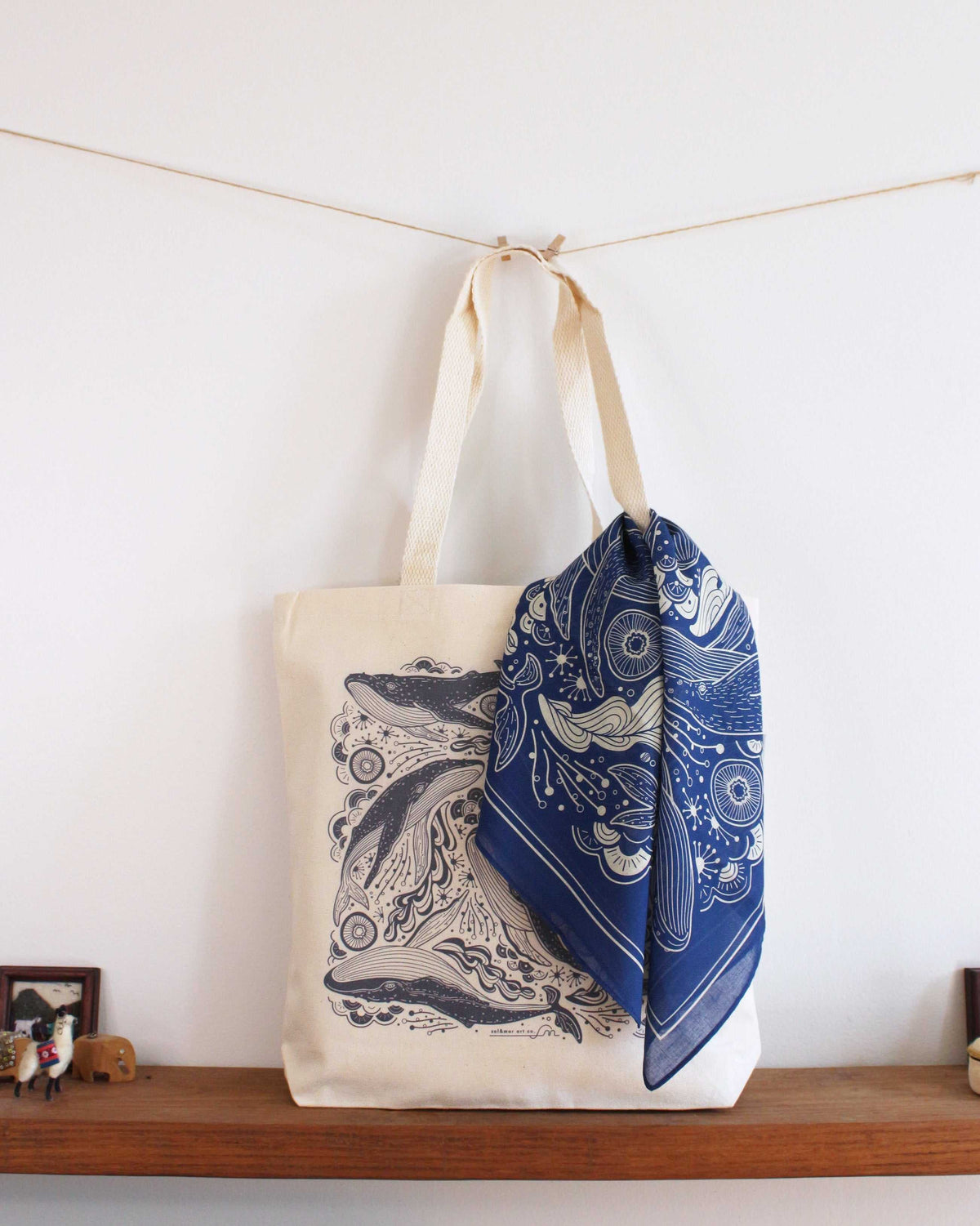 Whale tote bag + Bandana Gift set (Navy) Tote bag